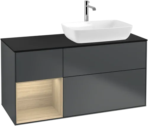 VILLEROY BOCH Toaletní skříňka Finion, s osvětlením, 3 výsuvy, 1200 x 603 x 501 mm, Midnight Blue Matt Lacquer / Oak Veneer / Glass Black Matt #F802PCHG