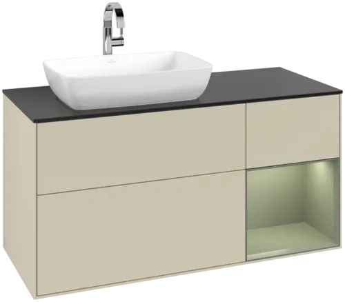 VILLEROY BOCH Toaletní skříňka Finion, s osvětlením, 3 výsuvy, 1200 x 603 x 501 mm, hedvábně šedý matný lak / olivový matný lak / černé matné sklo #F812GMHJ