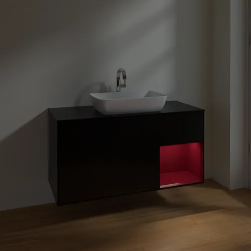 VILLEROY BOCH Toaletní skříňka Finion, s osvětlením, 3 výsuvy, 1200 x 603 x 501 mm, černý matný lak / pivoňkový matný lak / černé matné sklo #F832HBPD, obrázek 5