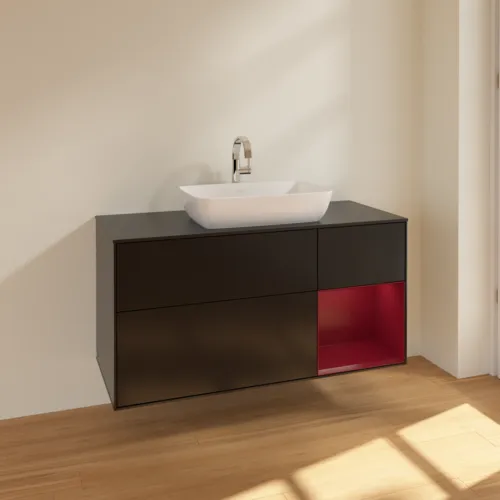 VILLEROY BOCH Toaletní skříňka Finion, s osvětlením, 3 výsuvy, 1200 x 603 x 501 mm, černý matný lak / pivoňkový matný lak / černé matné sklo #F832HBPD, obrázek 2