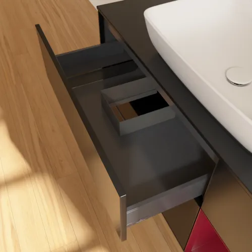 VILLEROY BOCH Toaletní skříňka Finion, s osvětlením, 3 výsuvy, 1200 x 603 x 501 mm, černý matný lak / pivoňkový matný lak / černé matné sklo #F832HBPD, obrázek 8