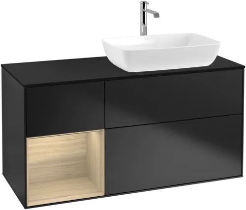 VILLEROY BOCH Toaletní skříňka Finion, s osvětlením, 3 výsuvy, 1200 x 603 x 501 mm, černý matný lak / dubová dýha / černé matné sklo #F802PCPD, obrázek 1