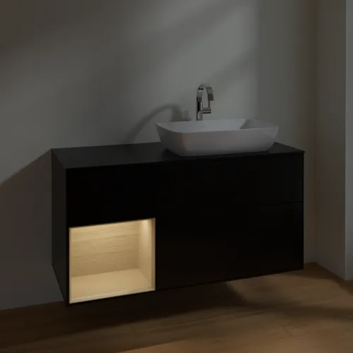 VILLEROY BOCH Toaletní skříňka Finion, s osvětlením, 3 výsuvy, 1200 x 603 x 501 mm, černý matný lak / dubová dýha / černé matné sklo #F802PCPD, obrázek 5