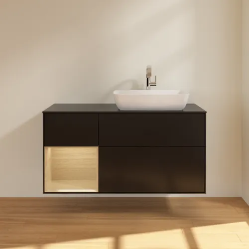 VILLEROY BOCH Toaletní skříňka Finion, s osvětlením, 3 výsuvy, 1200 x 603 x 501 mm, černý matný lak / dubová dýha / černé matné sklo #F802PCPD, obrázek 3