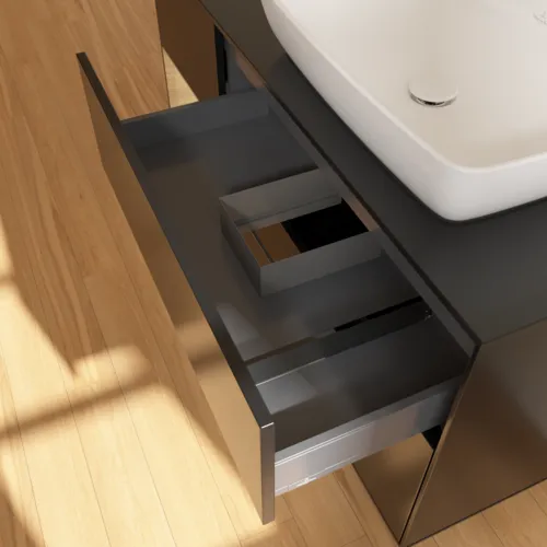 VILLEROY BOCH Toaletní skříňka Finion, s osvětlením, 3 výsuvy, 1200 x 603 x 501 mm, černý matný lak / dubová dýha / černé matné sklo #F802PCPD, obrázek 8