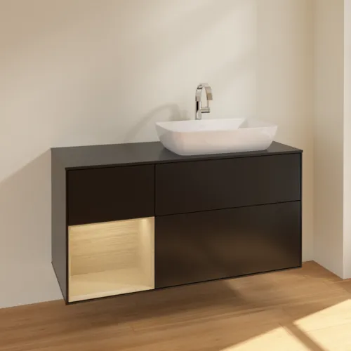 VILLEROY BOCH Toaletní skříňka Finion, s osvětlením, 3 výsuvy, 1200 x 603 x 501 mm, černý matný lak / dubová dýha / černé matné sklo #F802PCPD, obrázek 2