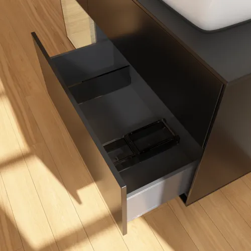 VILLEROY BOCH Toaletní skříňka Finion, s osvětlením, 3 výsuvy, 1200 x 603 x 501 mm, černý matný lak / dubová dýha / černé matné sklo #F802PCPD, obrázek 7