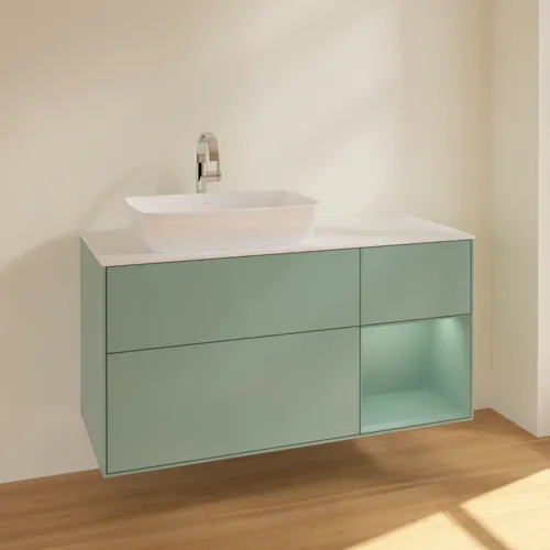 VILLEROY BOCH Toaletní skříňka Finion, s osvětlením, 3 výsuvy, 1200 x 603 x 501 mm, olivově matný lak / olivově matný lak / sklo bílé matné #F811GMGM, obrázek 2