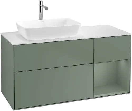 VILLEROY BOCH Toaletní skříňka Finion, s osvětlením, 3 výsuvy, 1200 x 603 x 501 mm, olivově matný lak / olivově matný lak / sklo bílé matné #F811GMGM