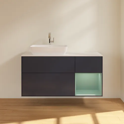 VILLEROY BOCH Toaletní skříňka Finion, s osvětlením, 3 výsuvy, 1200 x 603 x 501 mm, Midnight Blue Matt Lacquer / Olive Matt Lacquer / Glass White Matt #F811GMHG, obrázek 3