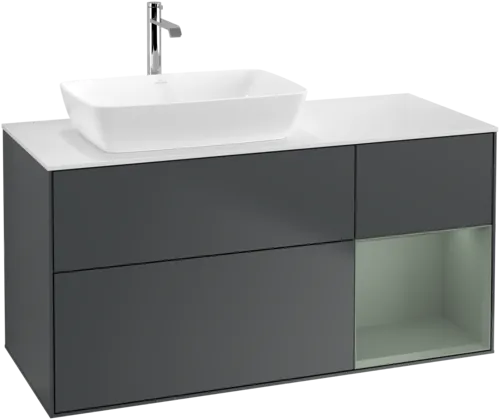 VILLEROY BOCH Toaletní skříňka Finion, s osvětlením, 3 výsuvy, 1200 x 603 x 501 mm, Midnight Blue Matt Lacquer / Olive Matt Lacquer / Glass White Matt #F811GMHG, obrázek 1