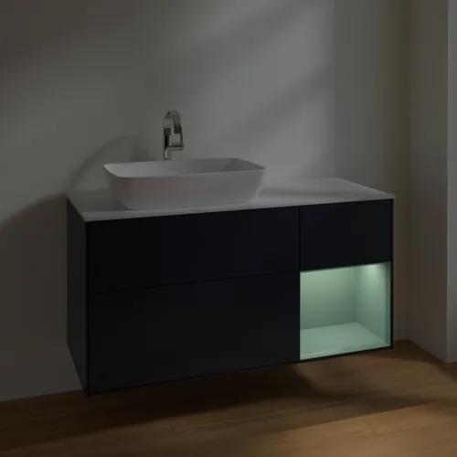 VILLEROY BOCH Toaletní skříňka Finion, s osvětlením, 3 výsuvy, 1200 x 603 x 501 mm, Midnight Blue Matt Lacquer / Olive Matt Lacquer / Glass White Matt #F811GMHG, obrázek 5