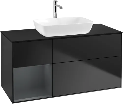 VILLEROY BOCH Toaletní skříňka Finion, s osvětlením, 3 výsuvy, 1200 x 603 x 501 mm, černý matný lak / půlnoční modrý matný lak / černé matné sklo #F822HGPD
