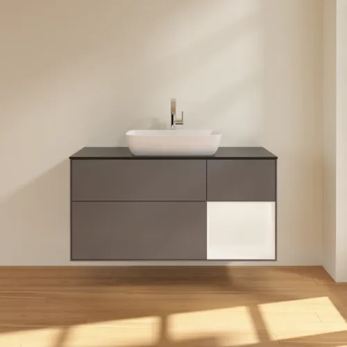 VILLEROY BOCH Toaletní skříňka Finion, s osvětlením, 3 výsuvy, 1200 x 603 x 501 mm, antracitový matný lak / bílý matný lak / černé matné sklo #F832MTGK, obrázek 3