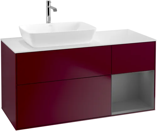 VILLEROY BOCH Toaletní skříňka Finion, s osvětlením, 3 výsuvy, 1200 x 603 x 501 mm, matný lak Pivoňka / matný lak Antracit / matné sklo Bílá #F811GKHB