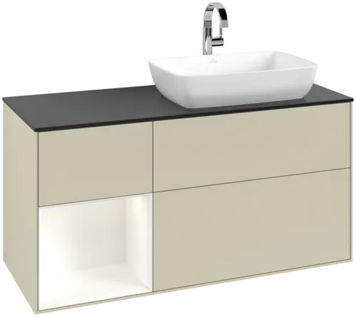 VILLEROY BOCH Toaletní skříňka Finion, s osvětlením, 3 výsuvy, 1200 x 603 x 501 mm, Silk Grey Matt Lacquer / White Matt Lacquer / Glass Black Matt #F802MTHJ