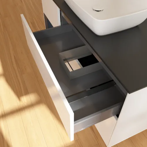 VILLEROY BOCH Toaletní skříňka Finion, s osvětlením, 3 výsuvy, 1200 x 603 x 501 mm, lesklý bílý lak / půlnoční modrý matný lak / černé matné sklo #F822HGGF, obrázek 8
