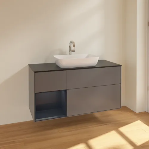 VILLEROY BOCH Toaletní skříňka Finion, s osvětlením, 3 výsuvy, 1200 x 603 x 501 mm, antracitový matný lak / půlnoční modrý matný lak / černé matné sklo #F822HGGK, obrázek 2