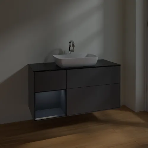 VILLEROY BOCH Toaletní skříňka Finion, s osvětlením, 3 výsuvy, 1200 x 603 x 501 mm, antracitový matný lak / půlnoční modrý matný lak / černé matné sklo #F822HGGK, obrázek 5