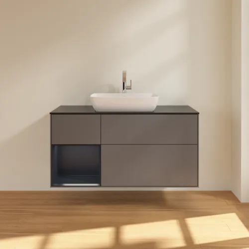 VILLEROY BOCH Toaletní skříňka Finion, s osvětlením, 3 výsuvy, 1200 x 603 x 501 mm, antracitový matný lak / půlnoční modrý matný lak / černé matné sklo #F822HGGK, obrázek 3