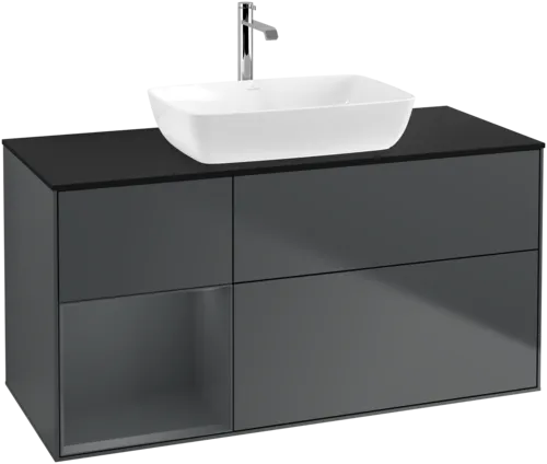 VILLEROY BOCH Toaletní skříňka Finion, s osvětlením, 3 výsuvy, 1200 x 603 x 501 mm, Midnight Blue Matt Lacquer / Midnight Blue Matt Lacquer / Glass Black Matt #F822HGHG