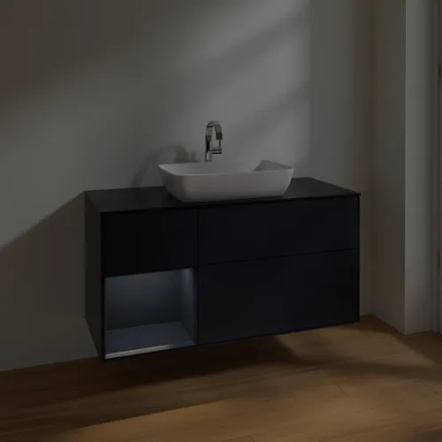 VILLEROY BOCH Toaletní skříňka Finion, s osvětlením, 3 výsuvy, 1200 x 603 x 501 mm, Midnight Blue Matt Lacquer / Midnight Blue Matt Lacquer / Glass Black Matt #F822HGHG, obrázek 5