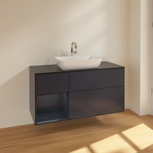 VILLEROY BOCH Toaletní skříňka Finion, s osvětlením, 3 výsuvy, 1200 x 603 x 501 mm, Midnight Blue Matt Lacquer / Midnight Blue Matt Lacquer / Glass Black Matt #F822HGHG, obrázek 2