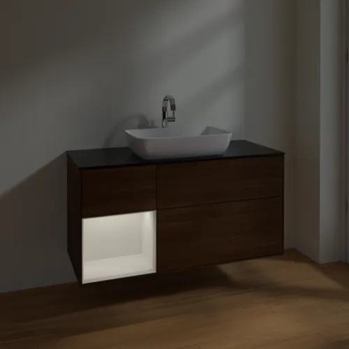 VILLEROY BOCH Toaletní skříňka Finion, s osvětlením, 3 výsuvy, 1200 x 603 x 501 mm, ořechová dýha / lesklý bílý lak / sklo černé matné #F822GFGN, obrázek 5
