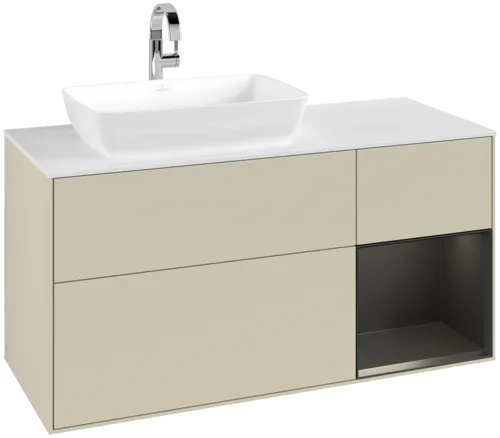 VILLEROY BOCH Toaletní skříňka Finion, s osvětlením, 3 výsuvy, 1200 x 603 x 501 mm, hedvábně šedý matný lak / černý matný lak / bílé matné sklo #F811PDHJ