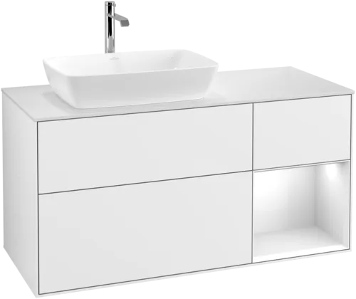 VILLEROY BOCH Toaletní skříňka Finion, s osvětlením, 3 výsuvy, 1200 x 603 x 501 mm, lesklý bílý lak / lesklý bílý lak / sklo bílé matné #F811GFGF
