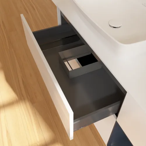 VILLEROY BOCH Toaletní skříňka Finion, s osvětlením, 3 výsuvy, 1200 x 603 x 501 mm, lesklý bílý lak / půlnoční modrý matný lak / bílé matné sklo #F811HGGF, obrázek 8