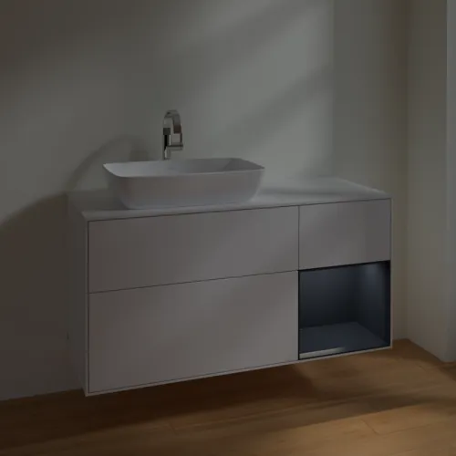 VILLEROY BOCH Toaletní skříňka Finion, s osvětlením, 3 výsuvy, 1200 x 603 x 501 mm, lesklý bílý lak / půlnoční modrý matný lak / bílé matné sklo #F811HGGF, obrázek 5