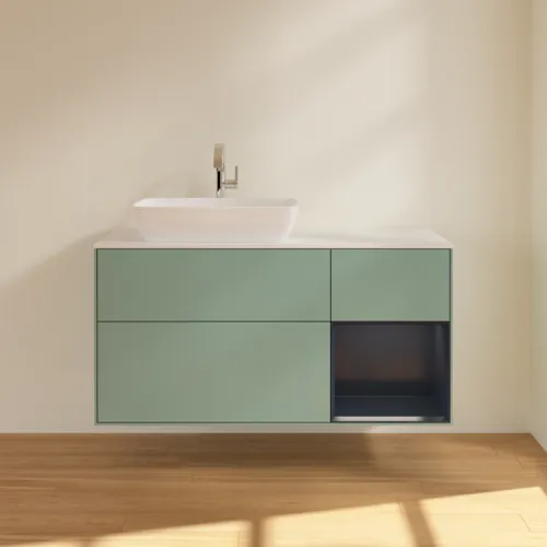 VILLEROY BOCH Toaletní skříňka Finion, s osvětlením, 3 výsuvy, 1200 x 603 x 501 mm, olivový matný lak / půlnoční modrý matný lak / bílé matné sklo #F811HGGM, obrázek 3