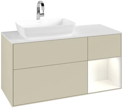 VILLEROY BOCH Toaletní skříňka Finion, s osvětlením, 3 výsuvy, 1200 x 603 x 501 mm, hedvábně šedý matný lak / lesklý bílý lak / bílé matné sklo #F811GFHJ