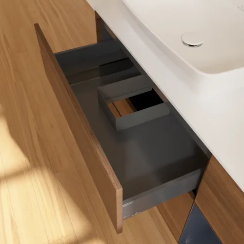 VILLEROY BOCH Toaletní skříňka Finion, s osvětlením, 3 výsuvy, 1200 x 603 x 501 mm, ořechová dýha / půlnočně modrý matný lak / sklo bílé matné #F811HGGN, obrázek 8
