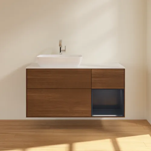 VILLEROY BOCH Toaletní skříňka Finion, s osvětlením, 3 výsuvy, 1200 x 603 x 501 mm, ořechová dýha / půlnočně modrý matný lak / sklo bílé matné #F811HGGN, obrázek 3