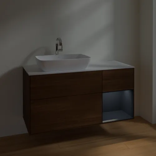 VILLEROY BOCH Toaletní skříňka Finion, s osvětlením, 3 výsuvy, 1200 x 603 x 501 mm, ořechová dýha / půlnočně modrý matný lak / sklo bílé matné #F811HGGN, obrázek 5