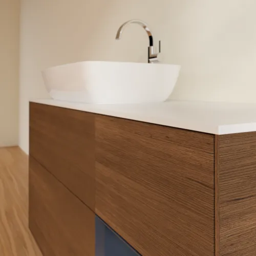 VILLEROY BOCH Toaletní skříňka Finion, s osvětlením, 3 výsuvy, 1200 x 603 x 501 mm, ořechová dýha / půlnočně modrý matný lak / sklo bílé matné #F811HGGN, obrázek 6