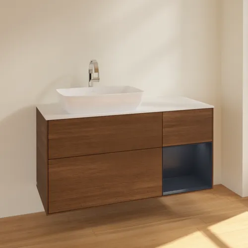 VILLEROY BOCH Toaletní skříňka Finion, s osvětlením, 3 výsuvy, 1200 x 603 x 501 mm, ořechová dýha / půlnočně modrý matný lak / sklo bílé matné #F811HGGN, obrázek 2