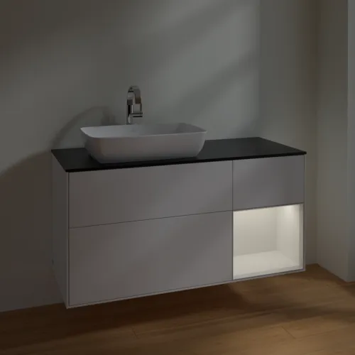 VILLEROY BOCH Toaletní skříňka Finion, s osvětlením, 3 výsuvy, 1200 x 603 x 501 mm, bílý matný lak / bílý lesklý lak / černé matné sklo #F812GFMT, obrázek 5
