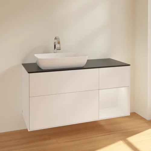 VILLEROY BOCH Toaletní skříňka Finion, s osvětlením, 3 výsuvy, 1200 x 603 x 501 mm, bílý matný lak / bílý lesklý lak / černé matné sklo #F812GFMT, obrázek 2