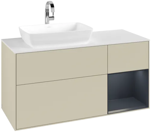 VILLEROY BOCH Toaletní skříňka Finion, s osvětlením, 3 výsuvy, 1200 x 603 x 501 mm, hedvábně šedý matný lak / půlnočně modrý matný lak / bílé matné sklo #F811HGHJ