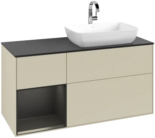 VILLEROY BOCH Toaletní skříňka Finion, s osvětlením, 3 výsuvy, 1200 x 603 x 501 mm, hedvábně šedý matný lak / černý matný lak / černé matné sklo #F802PDHJ