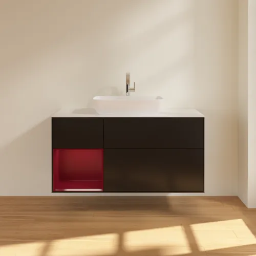 VILLEROY BOCH Toaletní skříňka Finion, s osvětlením, 3 výsuvy, 1200 x 603 x 501 mm, černý matný lak / pivoňkový matný lak / bílé matné sklo #F821HBPD, obrázek 3
