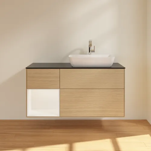 VILLEROY BOCH Toaletní skříňka Finion, s osvětlením, 3 výsuvy, 1200 x 603 x 501 mm, dubová dýha / bílý matný lak / černé matné sklo #F802MTPC, obrázek 3