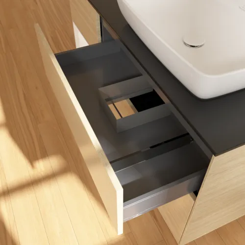 VILLEROY BOCH Toaletní skříňka Finion, s osvětlením, 3 výsuvy, 1200 x 603 x 501 mm, dubová dýha / bílý matný lak / černé matné sklo #F802MTPC, obrázek 8