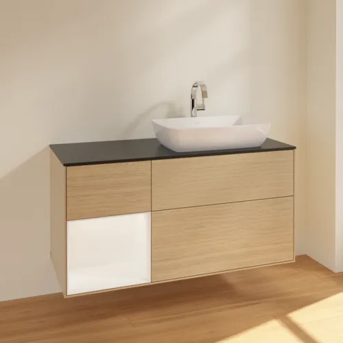 VILLEROY BOCH Toaletní skříňka Finion, s osvětlením, 3 výsuvy, 1200 x 603 x 501 mm, dubová dýha / bílý matný lak / černé matné sklo #F802MTPC, obrázek 2