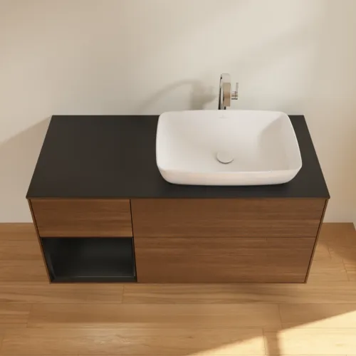VILLEROY BOCH Toaletní skříňka Finion, s osvětlením, 3 výsuvy, 1200 x 603 x 501 mm, ořechová dýha / černý matný lak / černé matné sklo #F802PDGN, obrázek 4