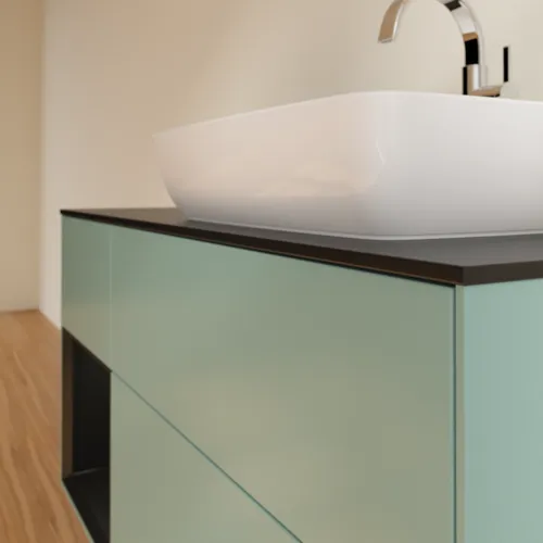 VILLEROY BOCH Toaletní skříňka Finion, s osvětlením, 3 výsuvy, 1200 x 603 x 501 mm, olivový matný lak / černý matný lak / černé matné sklo #F802PDGM, obrázek 6