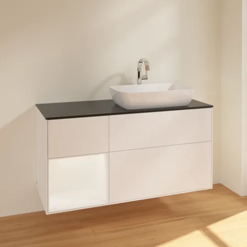 VILLEROY BOCH Toaletní skříňka Finion, s osvětlením, 3 výsuvy, 1200 x 603 x 501 mm, bílý matný lak / bílý matný lak / černé matné sklo #F802MTMT, obrázek 2